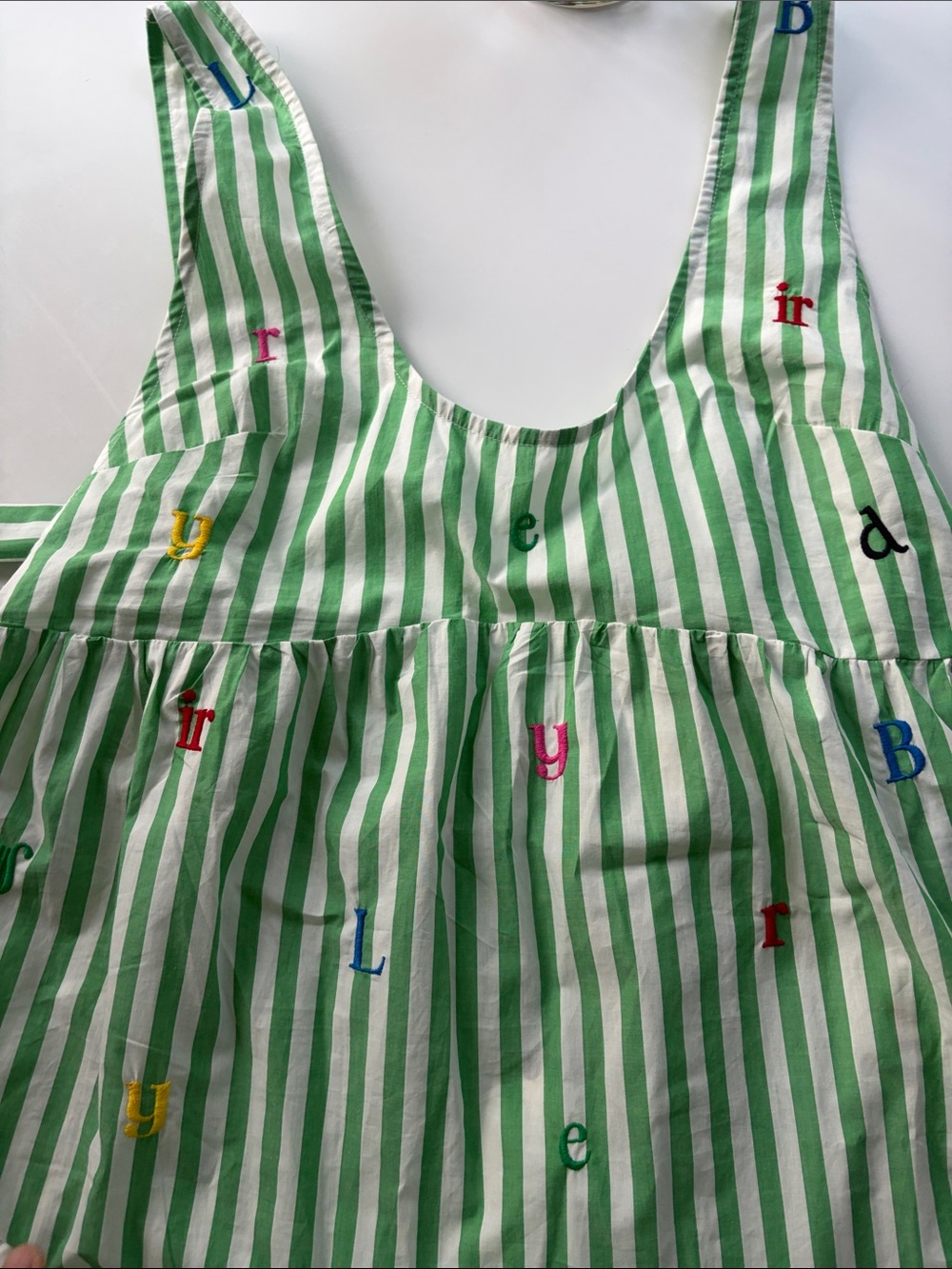 Anthropologie Green and White Striped Embroidered Sundress